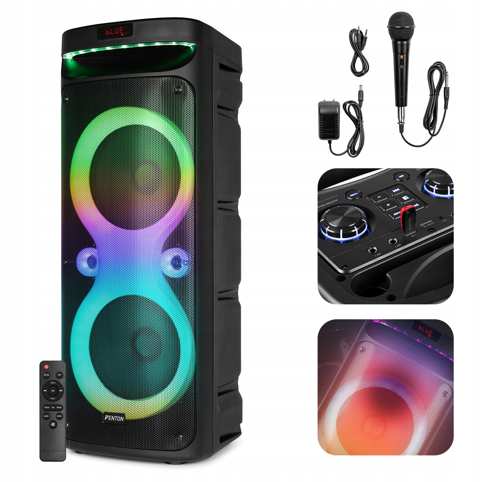 Mobile boombox party speaker with LED lighting karaoke battery