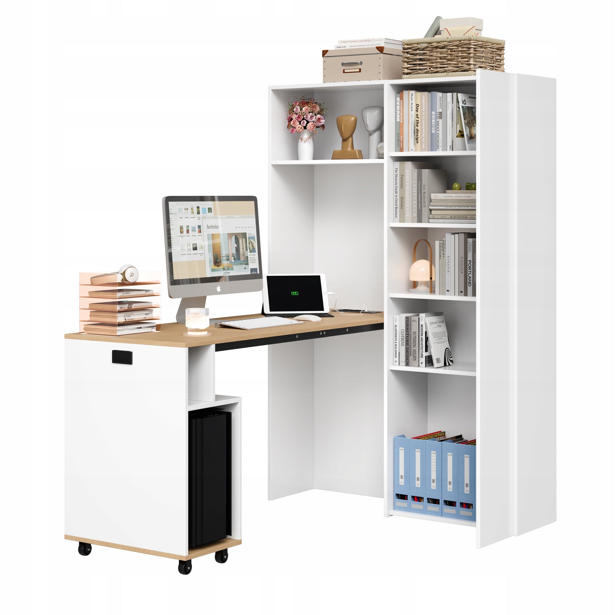 Modern Desk With Bookcase 2in1 Folding With Outlet USB Adjustable Shelves