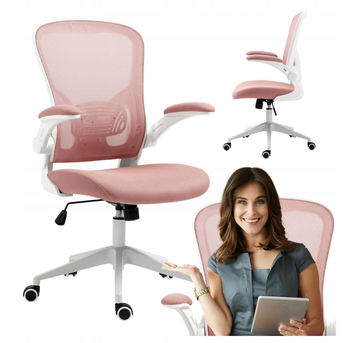 Modern Swivel Armchair with Mesh for Desk with Armrests Pink ABEL