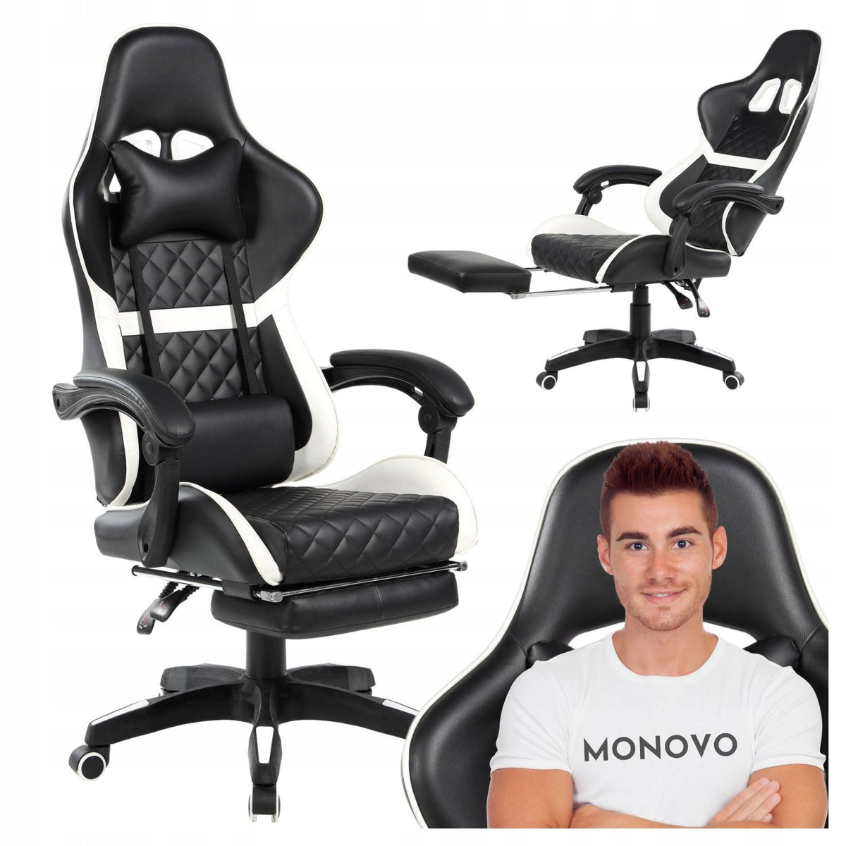 Modern Swivel Chair for Computer Gaming Black and White Ecoleather ZOLI