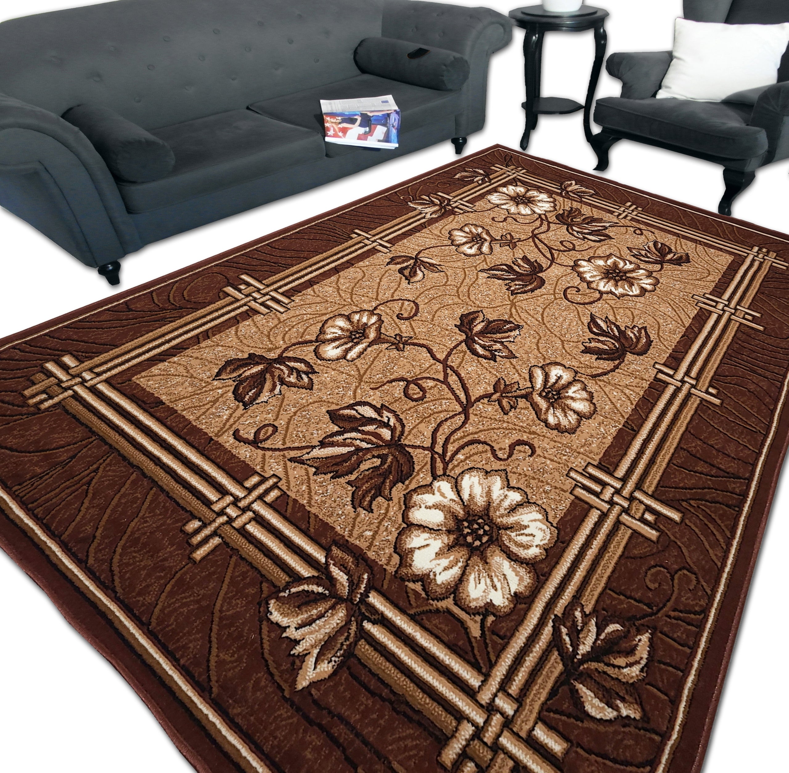 Modern Woven Carpet 300x400 Grey Brown Bordo Alfa BCF Shiraz HQ 3x4