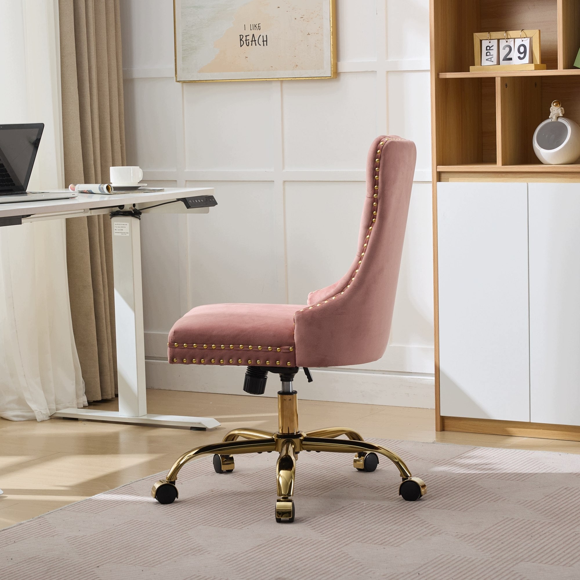 Modern office chair with velour, buttons, gold base, swivel, pink Packaging status original