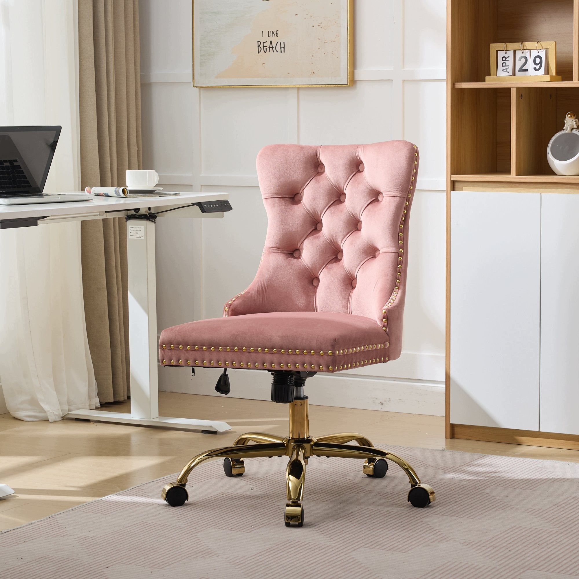 Modern office chair with velour, buttons, gold base, swivel, pink