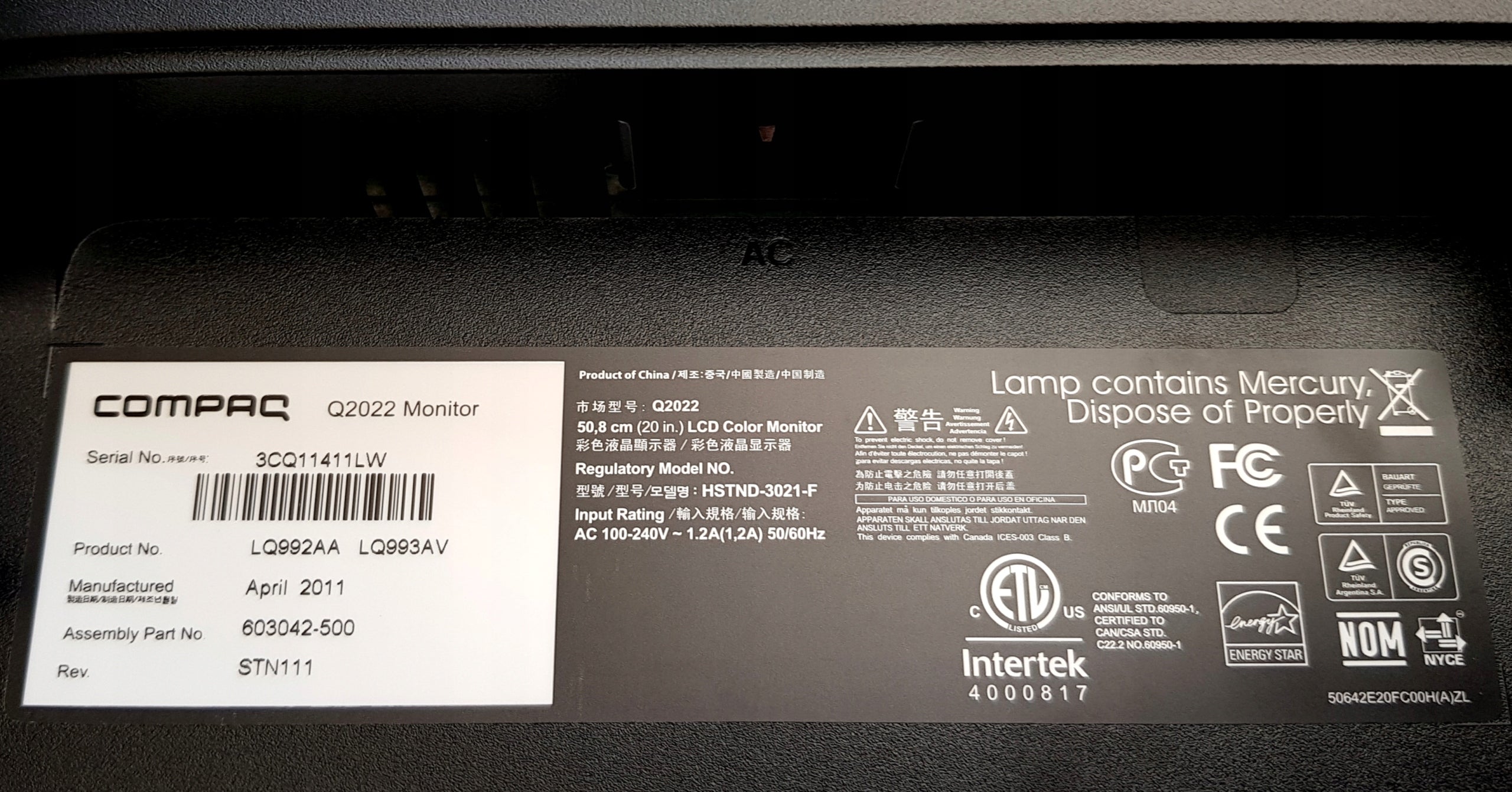 Monitor COMPAQ Q2022 20" black SCREEN for LCD intertek computer Brand Compaq