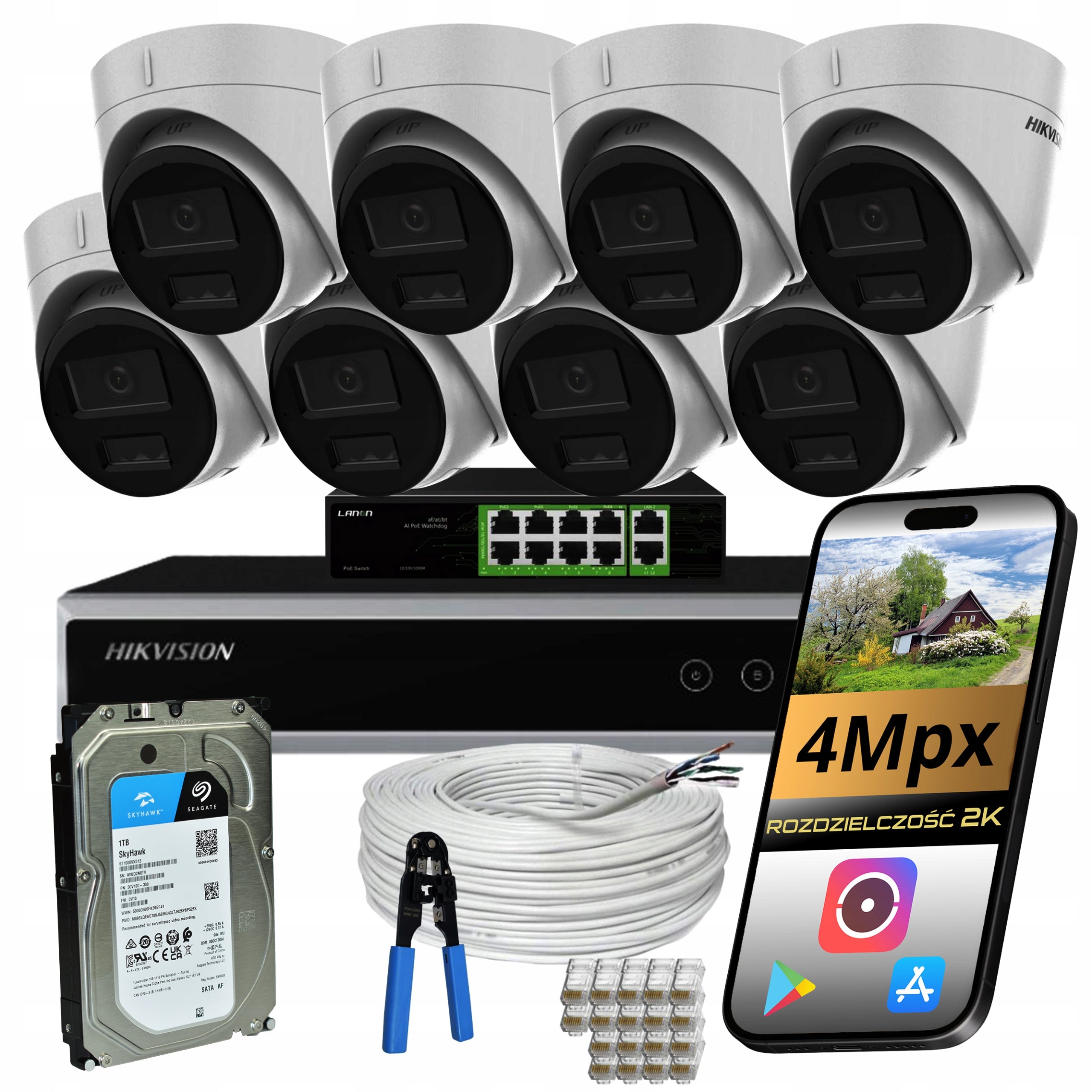 Monitoring Kit 8 POE IP Cameras 4Mpx DUAL LED IR Drive 1TB Hikvision