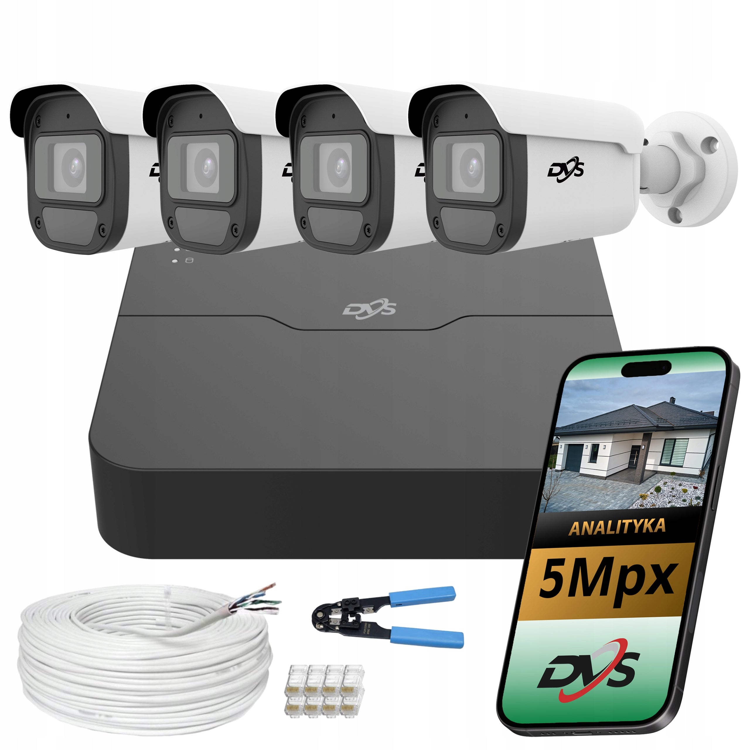 Monitoring kit 4 cameras IP PoE 5Mpx tube house plot company AI DVS