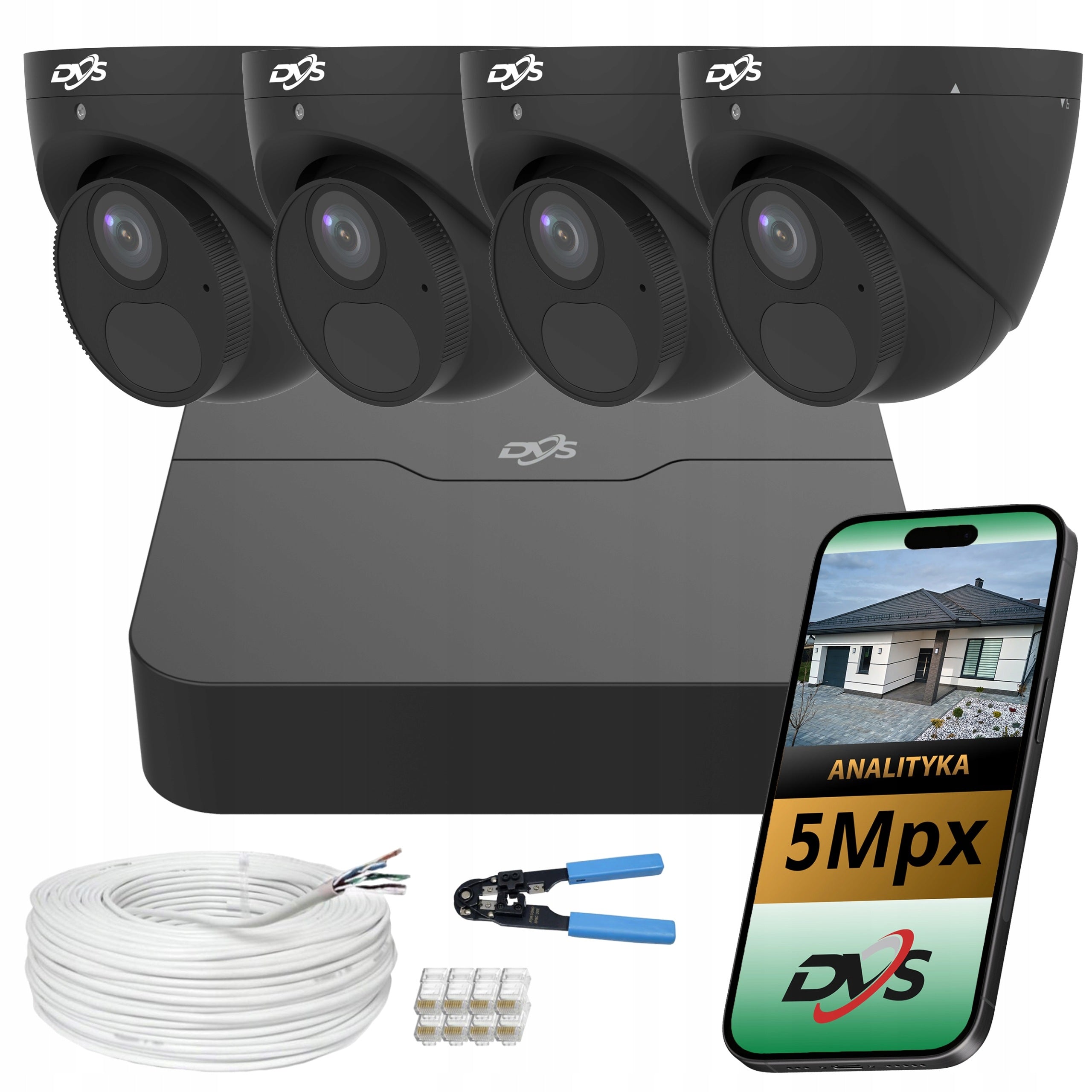 Monitoring kit 4 dome cameras black IP PoE 5Mpx house plot DVS