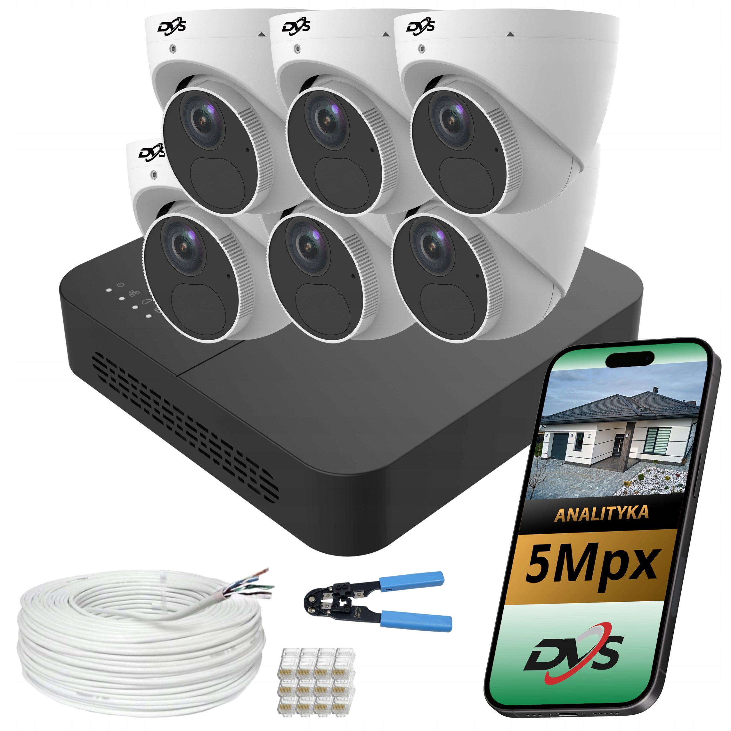 Monitoring kit 6 dome cameras IP PoE 5Mpx man vehicle house DVS