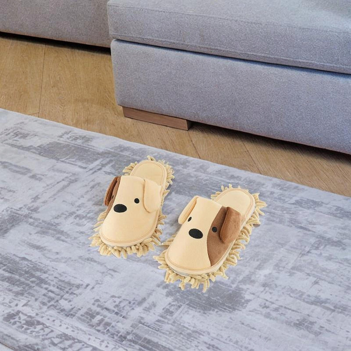Mop Slippers Detachable Chenille Cartoon Dog for Floor Beige 38 to 41