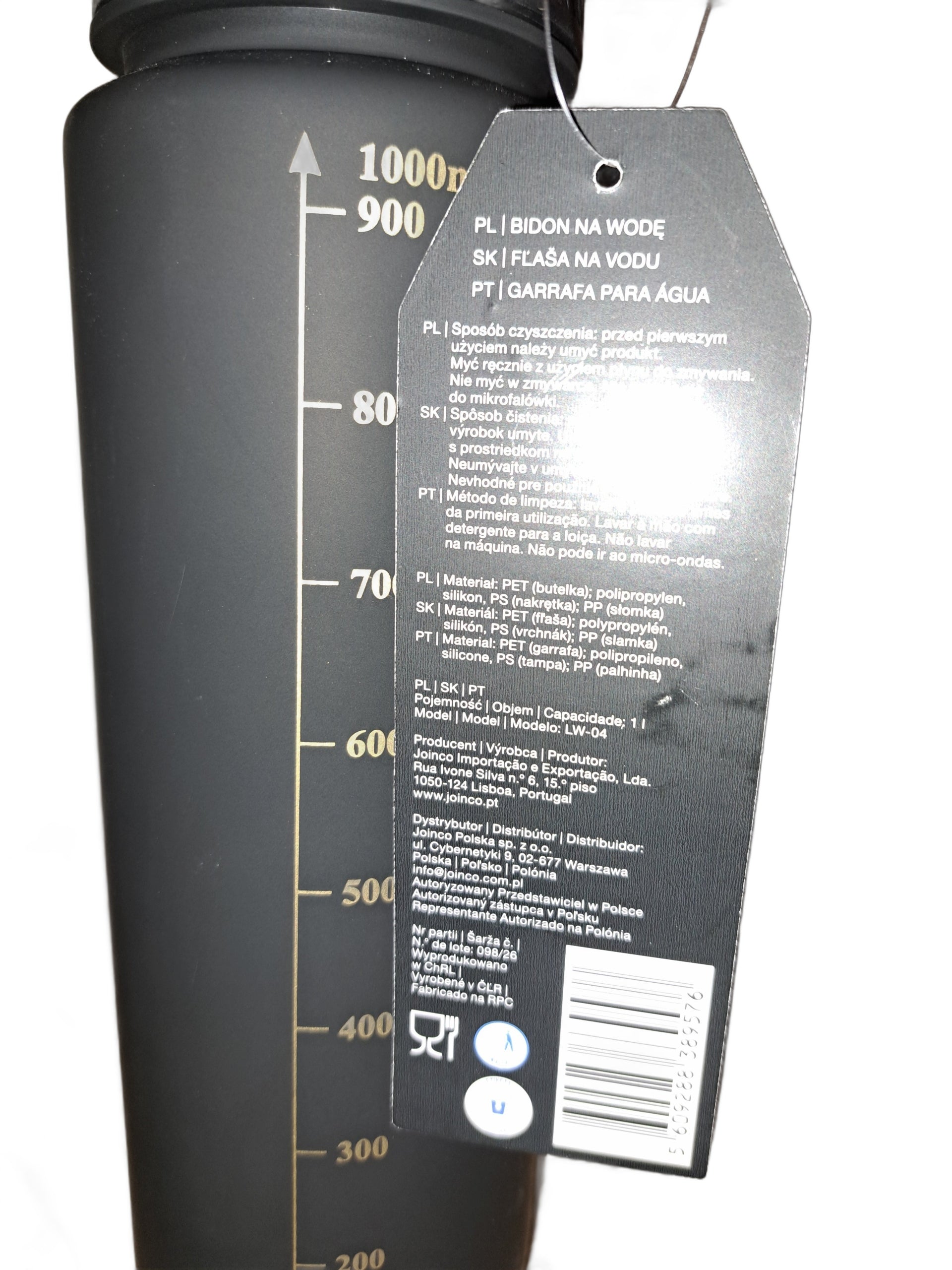 Motivational Bottle 1L Black Water Bottle with Measure Training Gym Manufacturer code 5609288389576