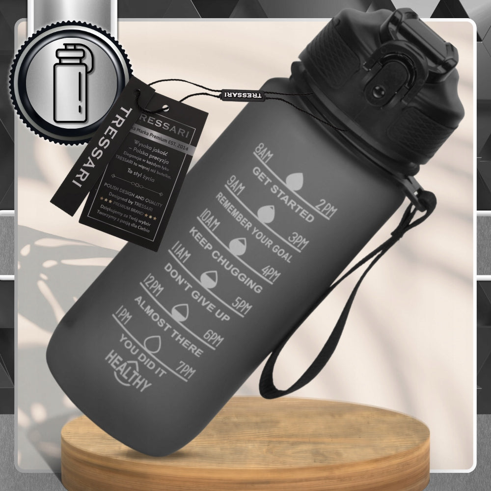 Motivational bottle 600ml TRESSARI TRITAN sports water bottle BPA FREE Manufacturer code Butelka TRITAN bidon na wodę TRESSARI czarny