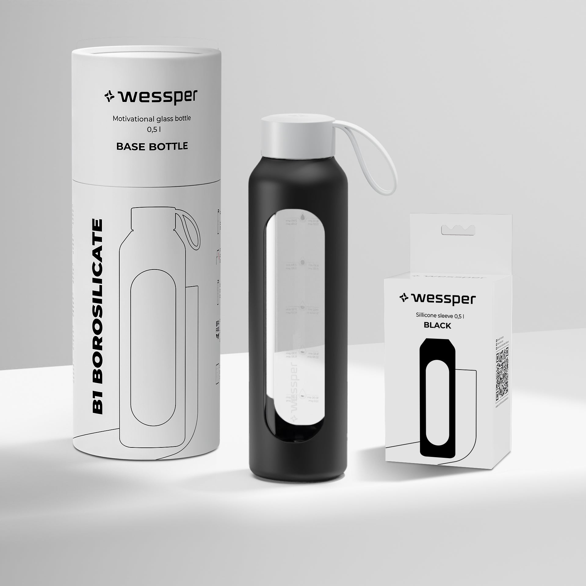 Motivational glass water bottle 0,5 l Wessper B1 BOROSILICATE Black Packaging status original