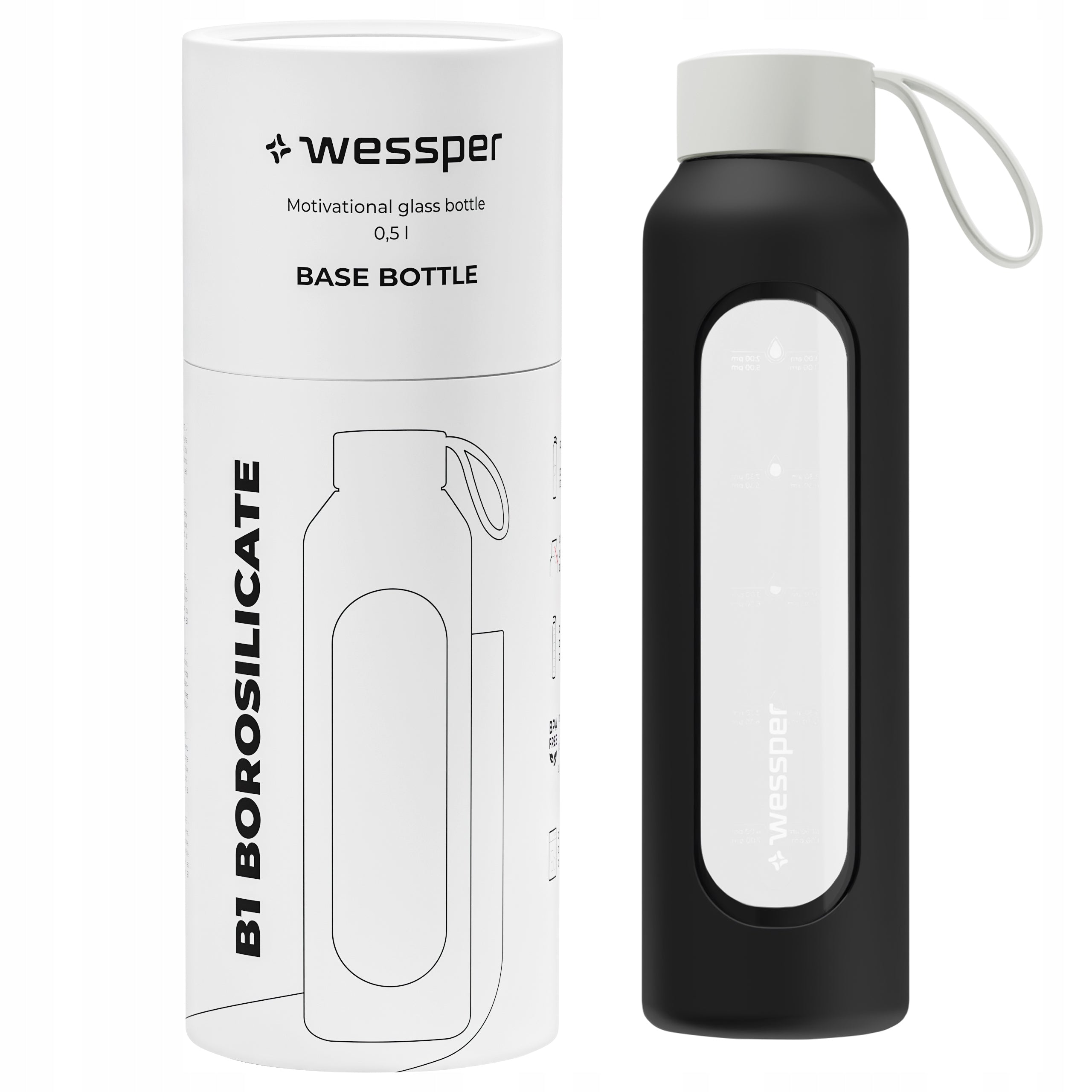 Motivational glass water bottle 0,5 l Wessper B1 BOROSILICATE Black