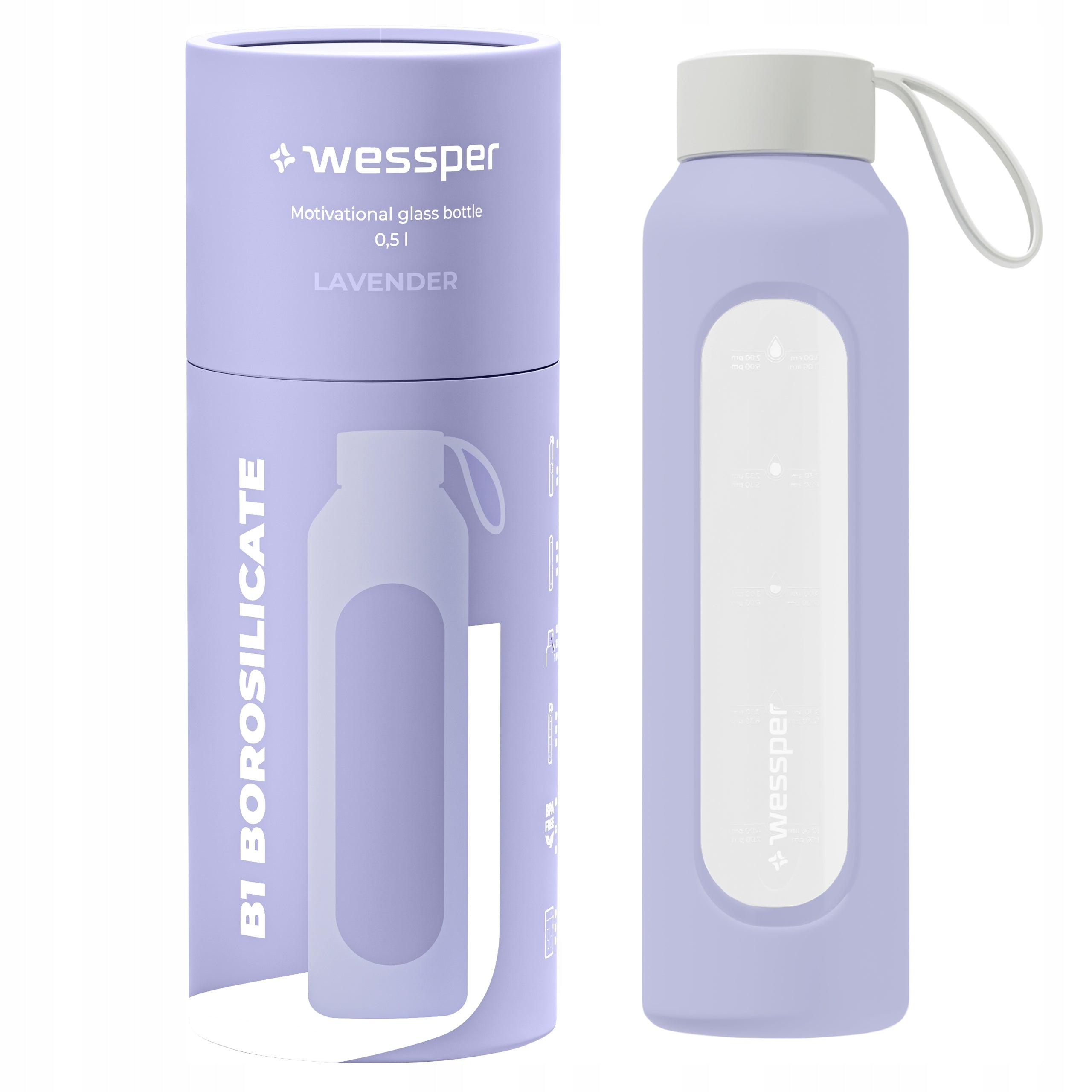 Motivational glass water bottle 0,5 l Wessper B1 BOROSILICATE Lavender