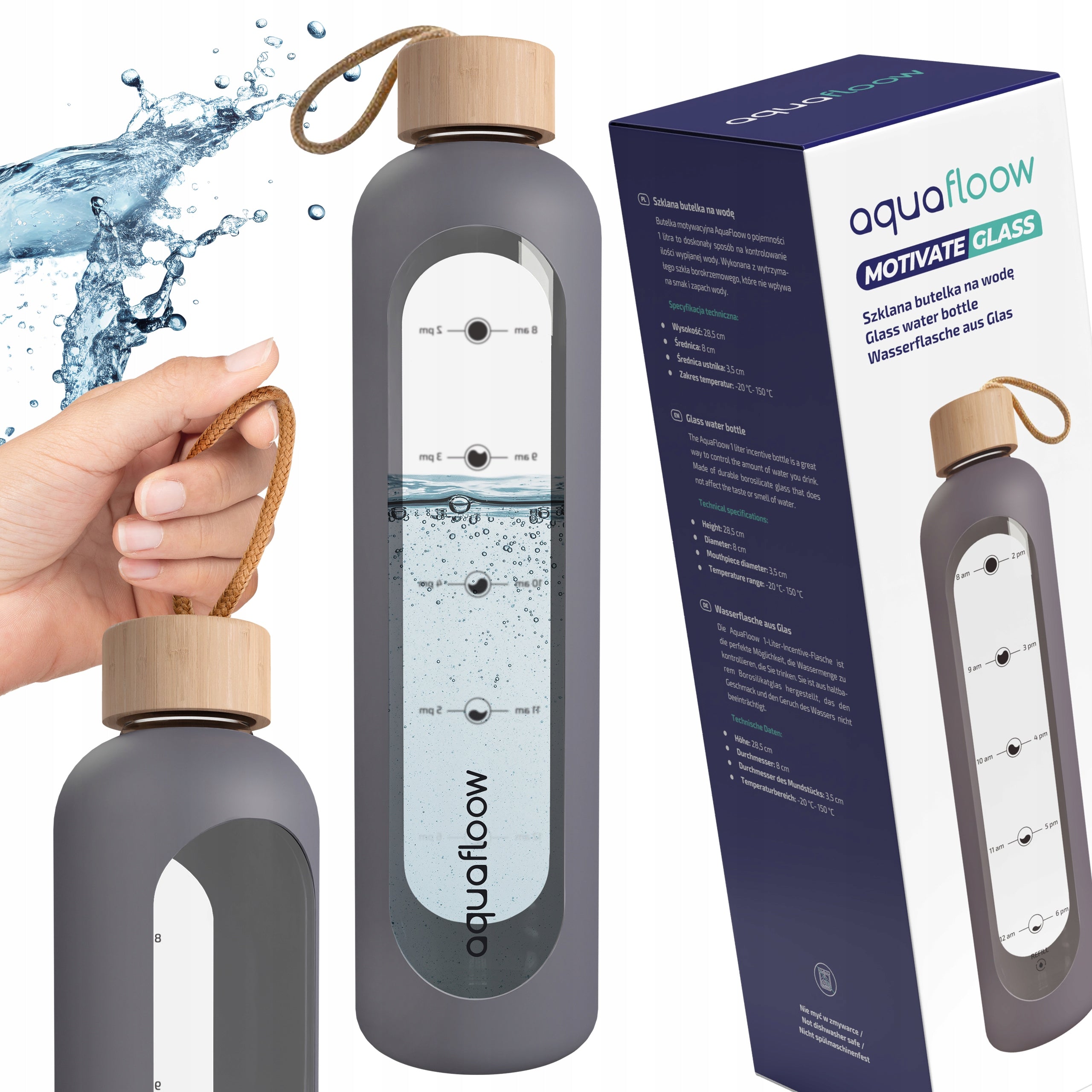 Motivational glass water bottle AquaFloow MotivateGlass 1L grey