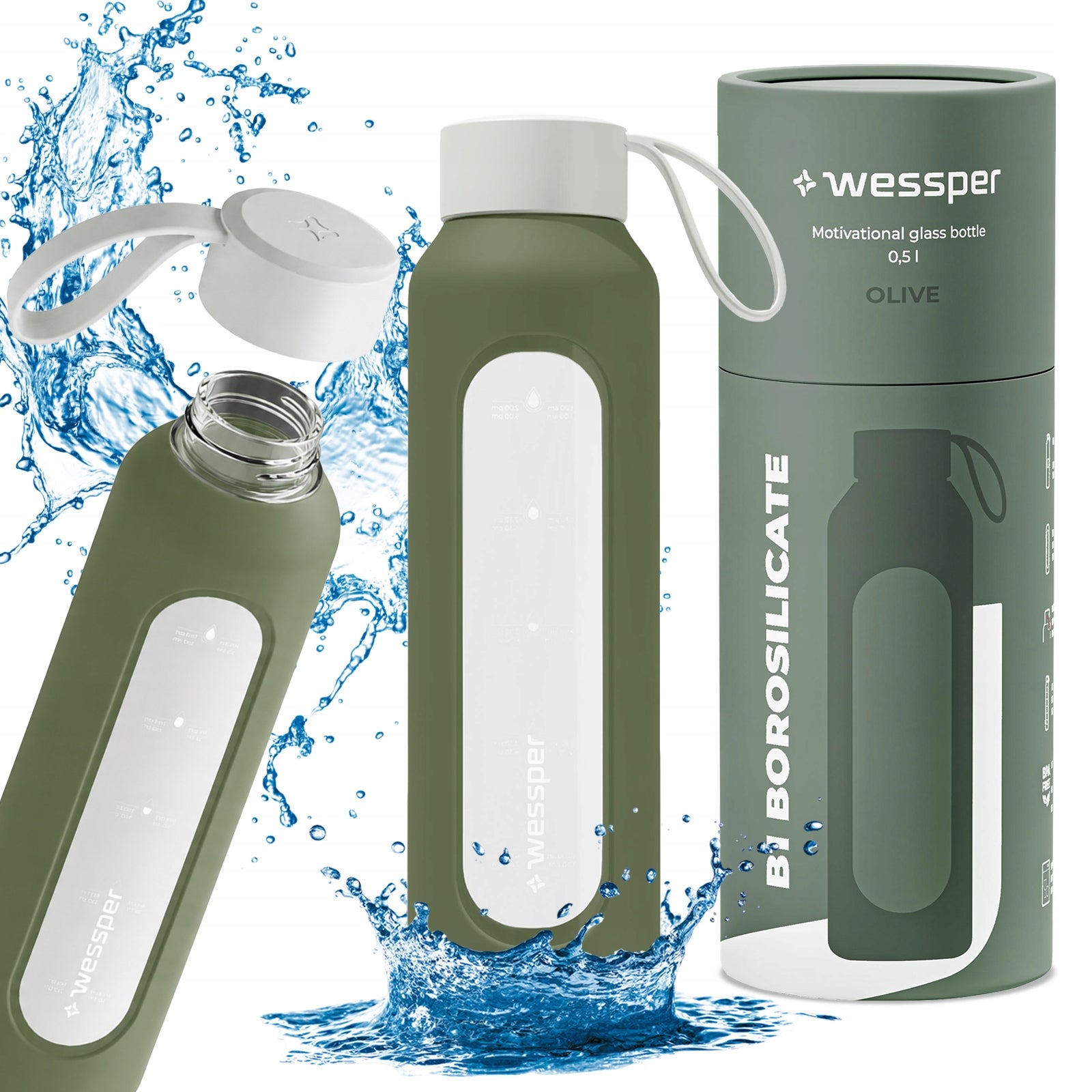 Motivational glass water bottle wessper 500ml plus Cover