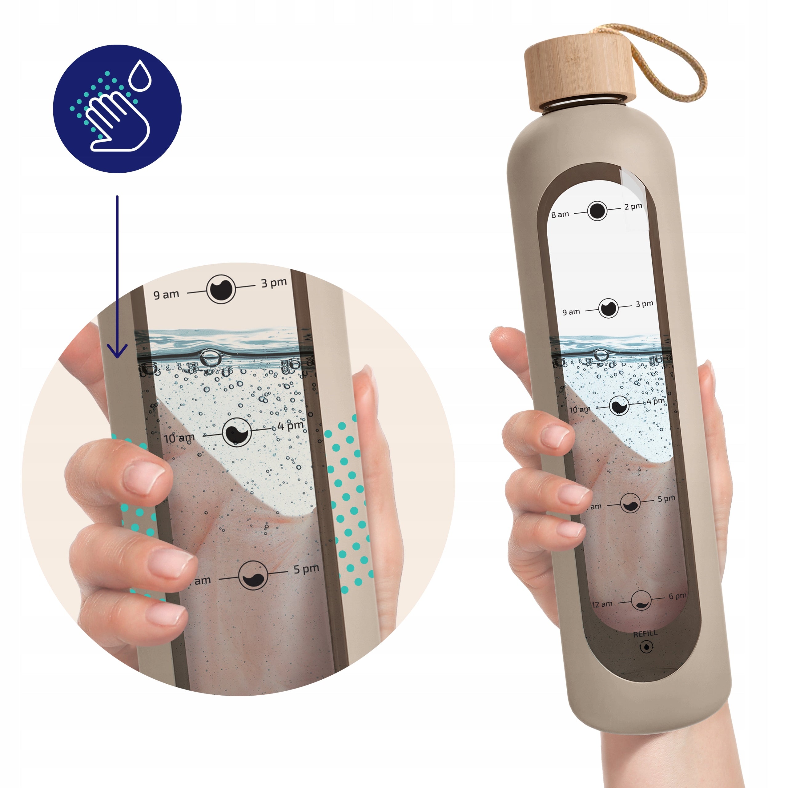 Motivational glass water bottle with graduation for gyms AquaFloow 1L Kind bottle