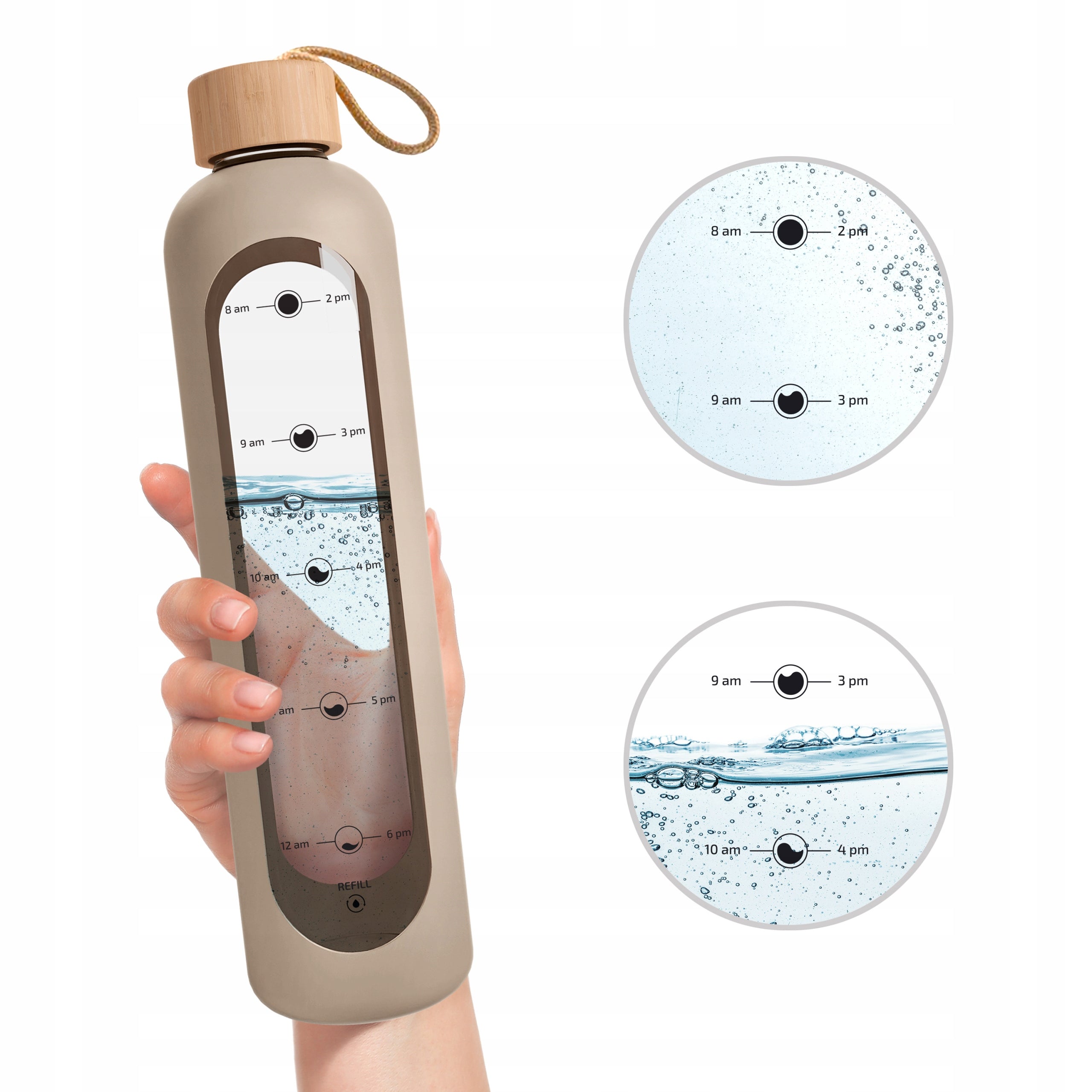 Motivational glass water bottle with graduation for gyms AquaFloow 1L Volume 1000 ml