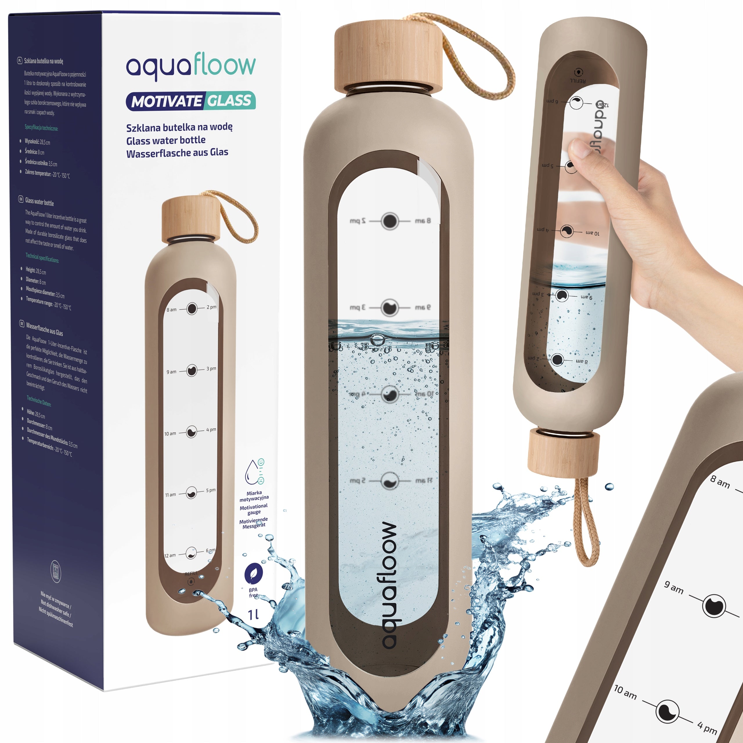 Motivational glass water bottle with graduation for gyms AquaFloow 1L