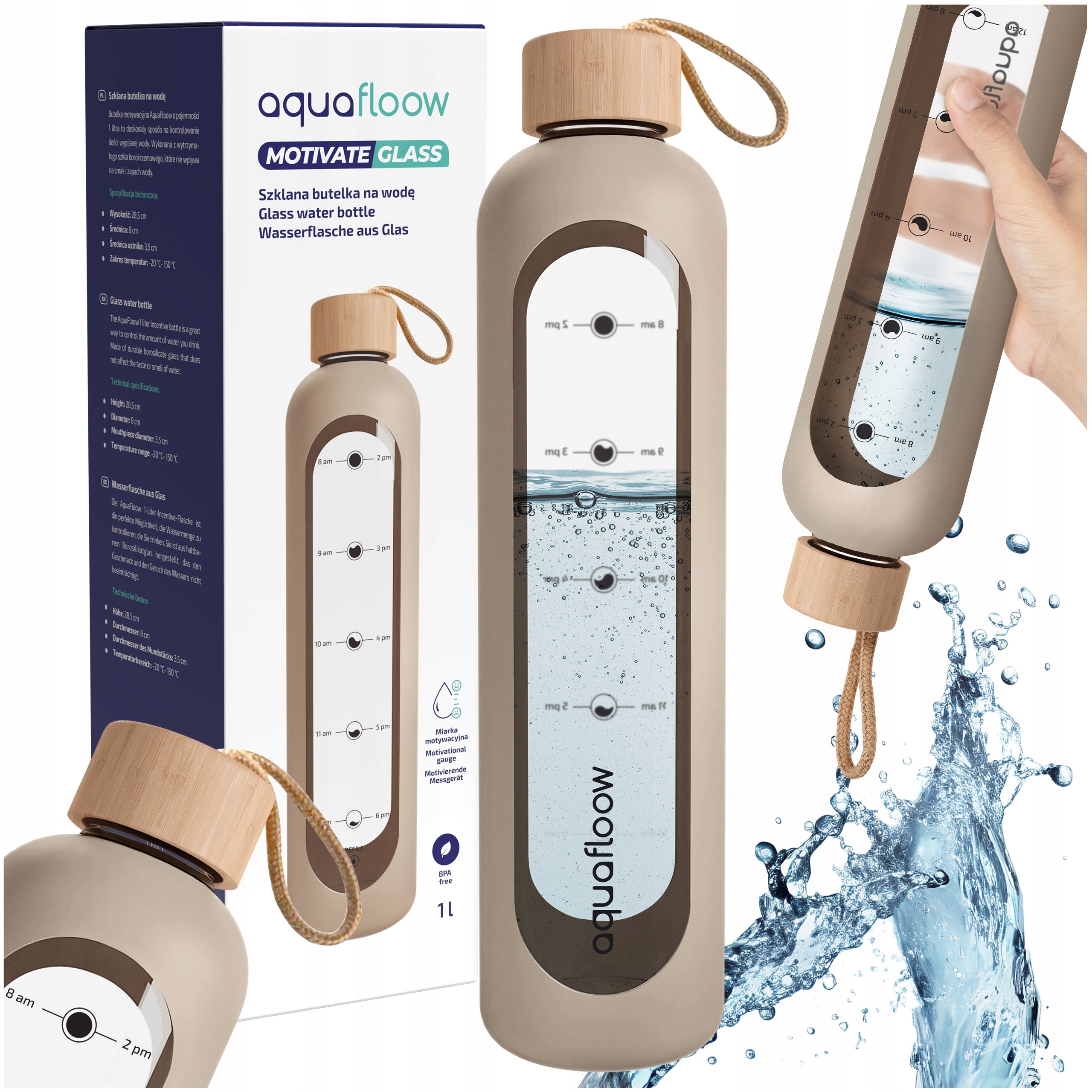 Motivational glass water bottle with graduation for gyms AquaFloow 1L