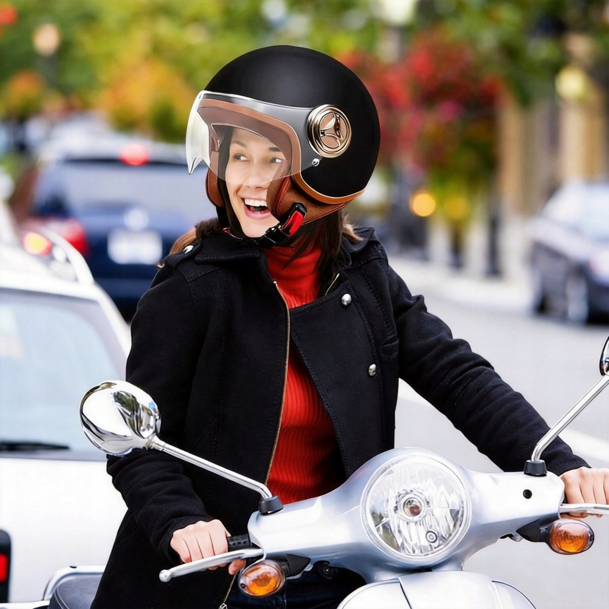 Motorcycle Helmet Elegant Neo-Retro Black Mat Leather BLACK Size universal