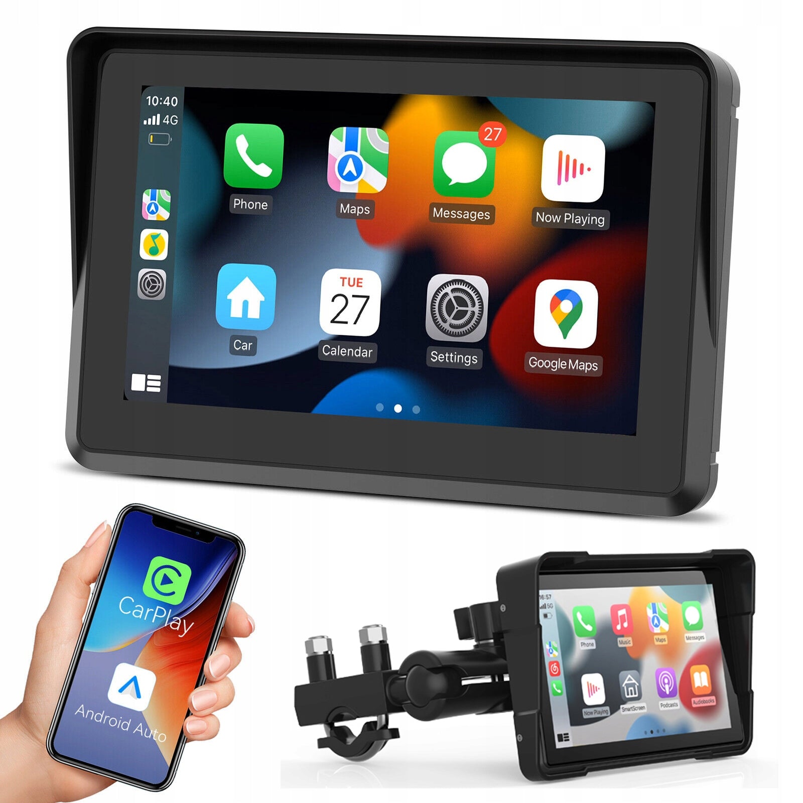 Motorcycle Portable Car Stereo Screen with Wireless CarPlay & Android Auto