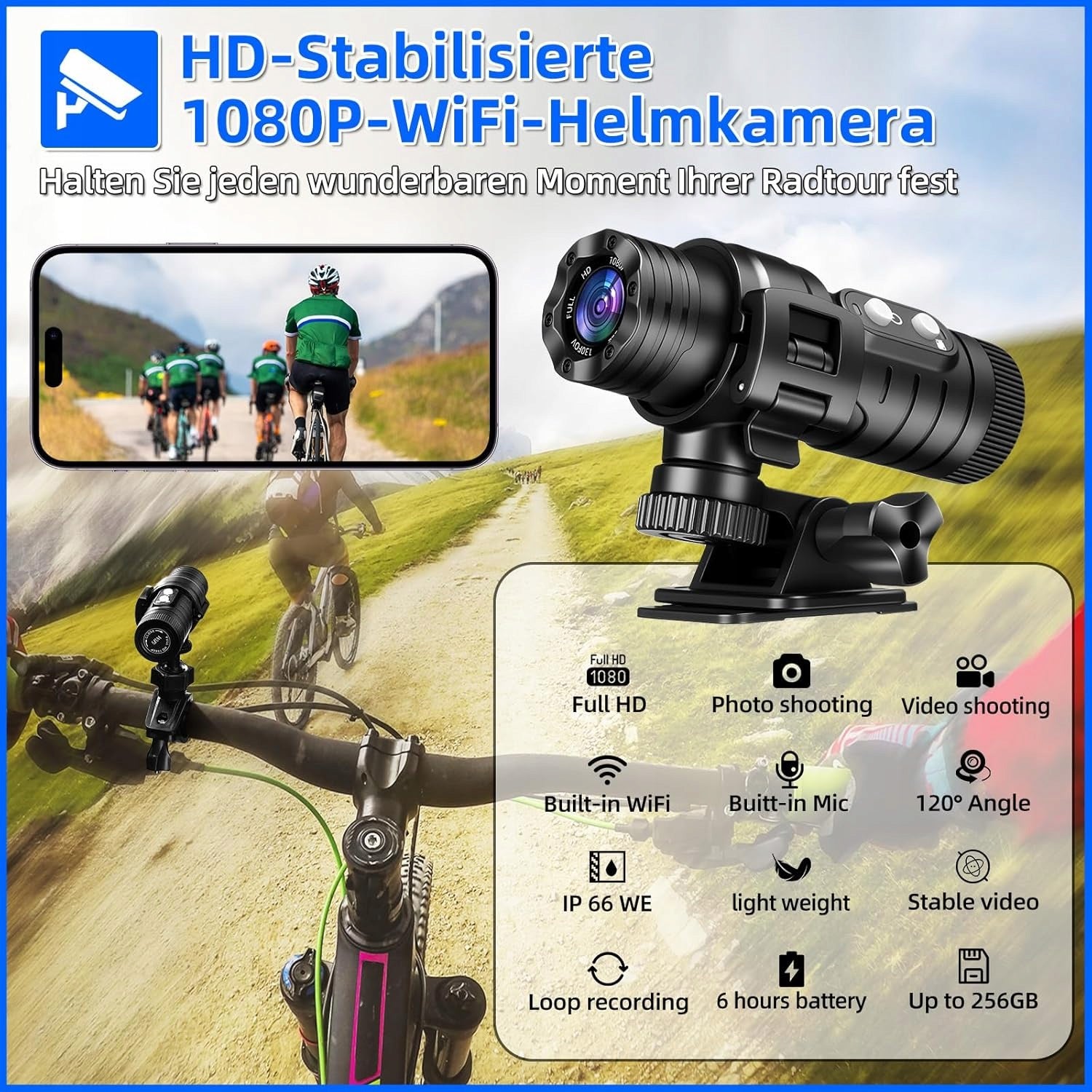 Motorcycle Sports Camera Waterproof 120° 1080phd WiFi + 64GB CARD Brand no brand