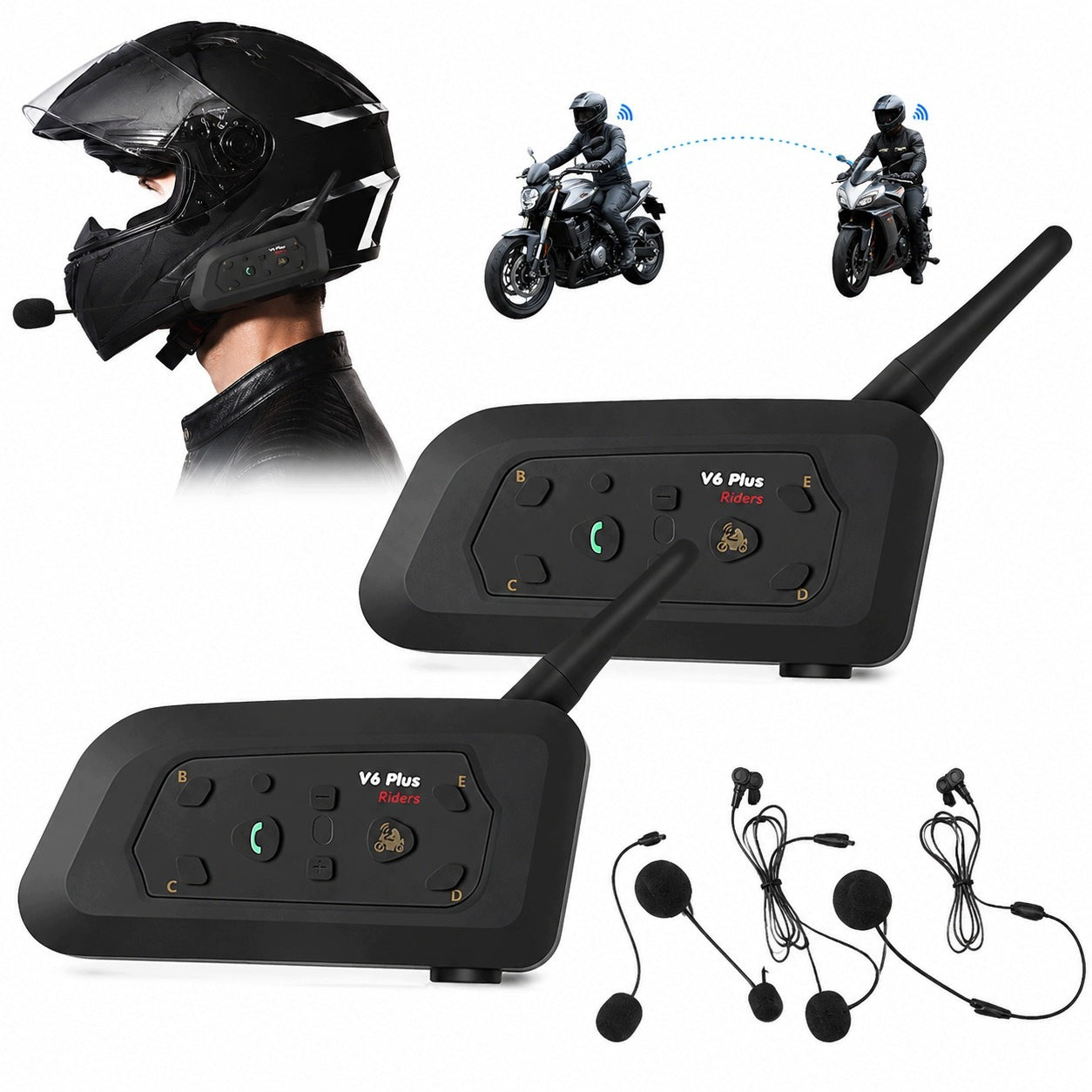 Motorcycle communicator V6 Plus 2pcs Bluetooth 5.1 for 6 people USB-C