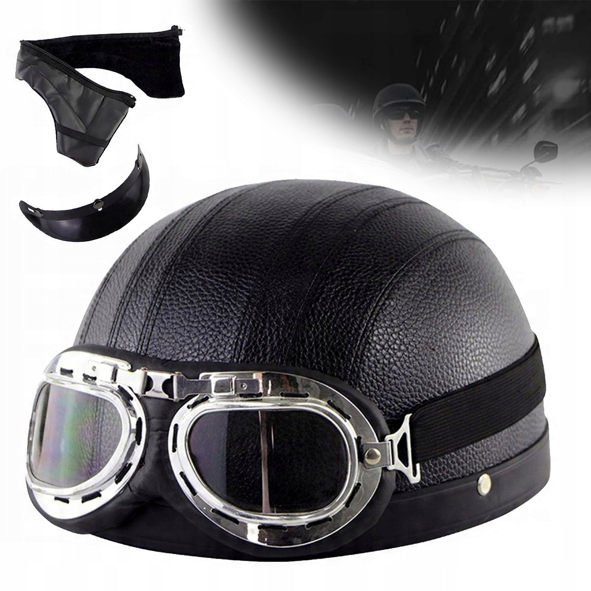 Motorcycle helmet leather retro classic light chopper goggle set
