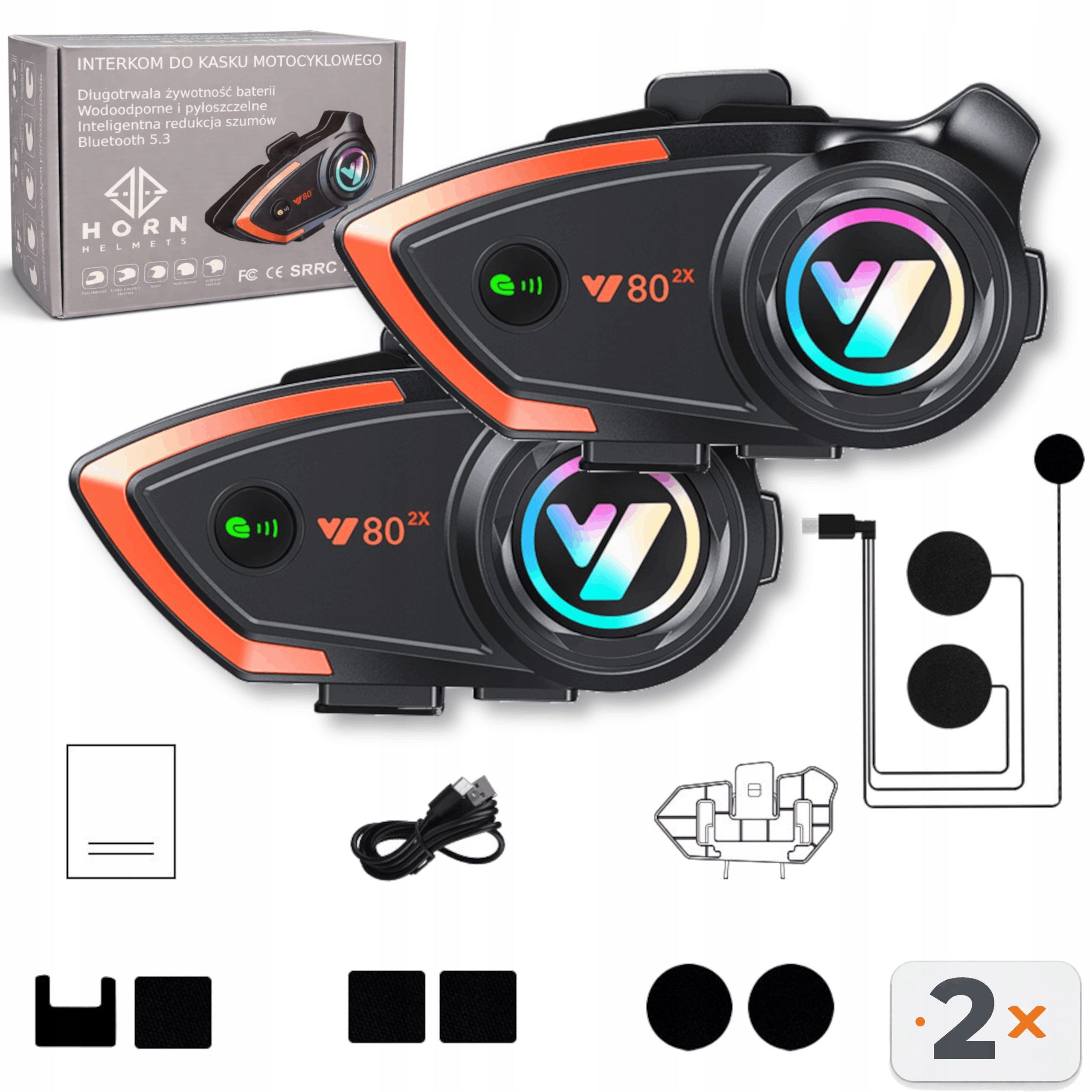 Motorcycle intercom HORN V80 set 2× Bluetooth 5.3 Polish assistant 1000m