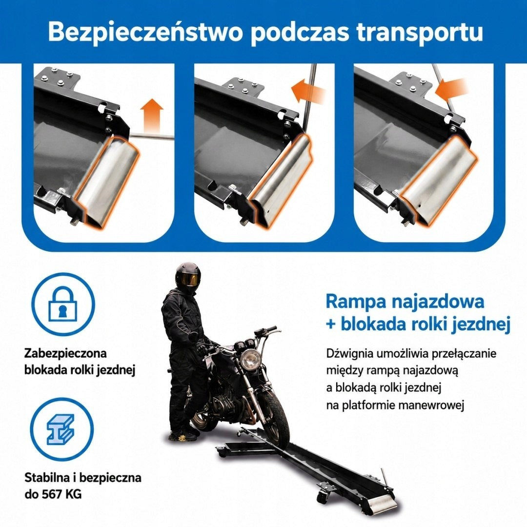 Motorcycle manoeuvring platform 567 kg transport rail garage 210 cm Packaging status original