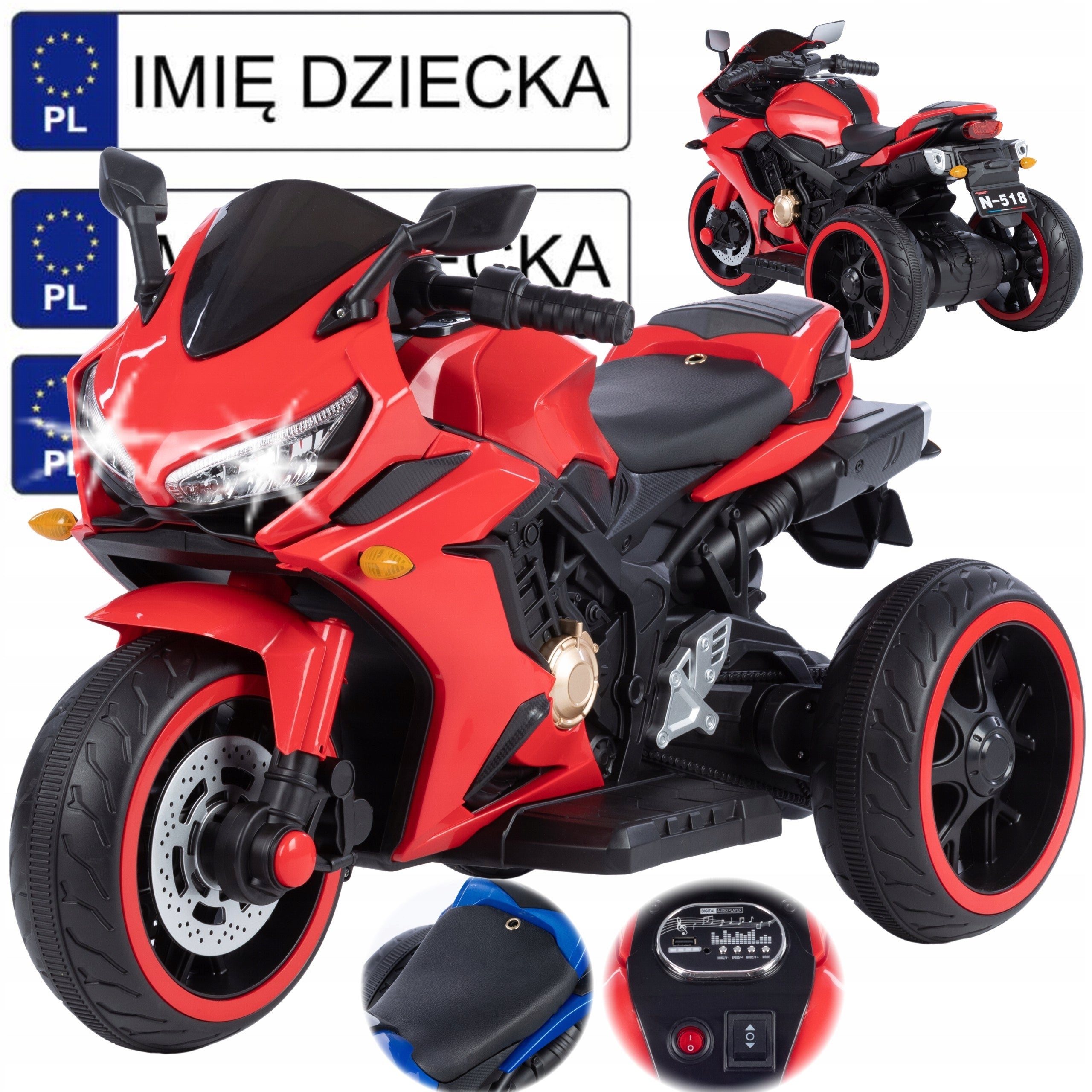 Motorcycle motorbike for battery 2x25W LED lights mp3 sounds LEATHER