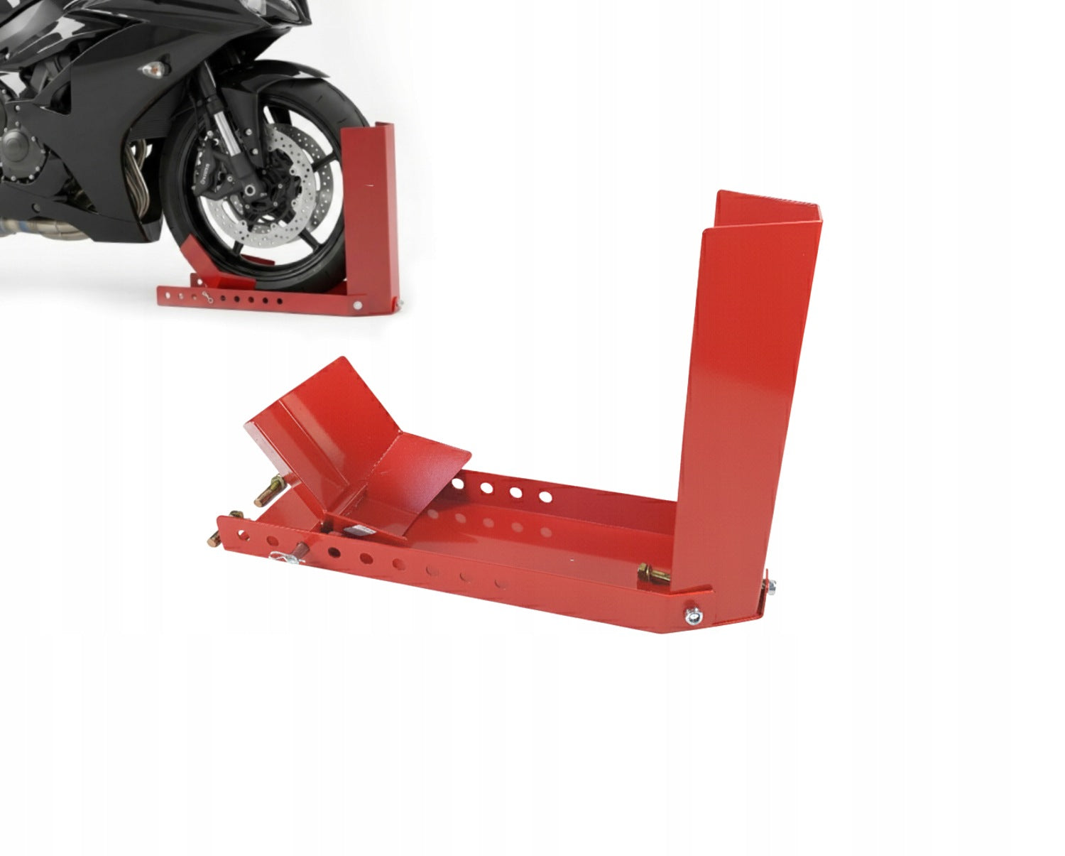 Motorcycle stand for front wheel screw-on transport