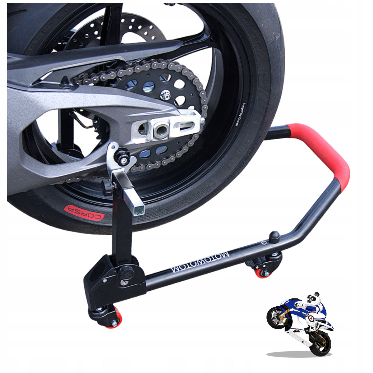 Motorcycle stand on wheels folding rear under motorcycle lift