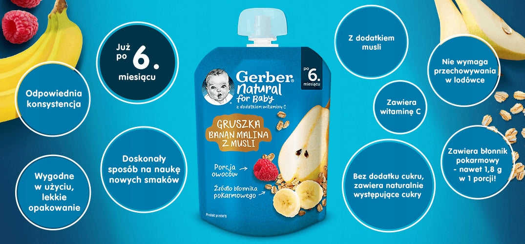 Mousse Gerber Pear banana raspberry with muesli after 6 months 80 g Brand Gerber