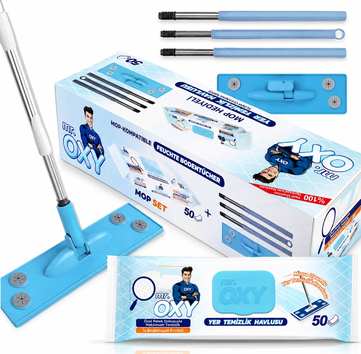 Mr. OXY Mop Flat + 50 Scarves Mop for Floor Cleaning Tile Panels