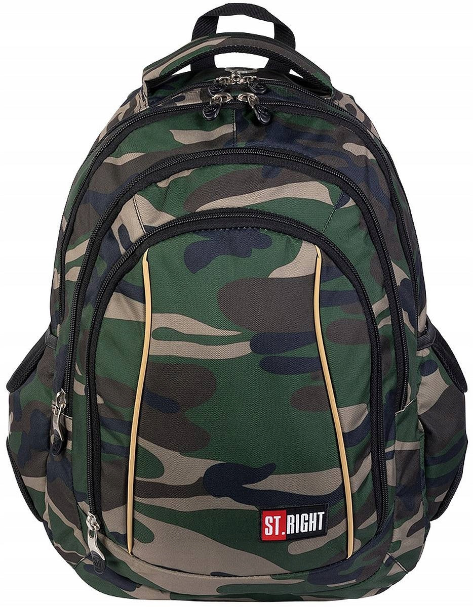 Multi-chamber school backpack St.Right black, green 26 l camo
