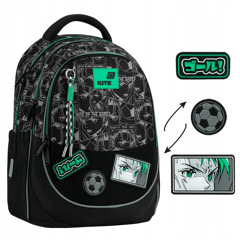 Multi-chamber school backpack black for boy 6-10 years with patches Kite