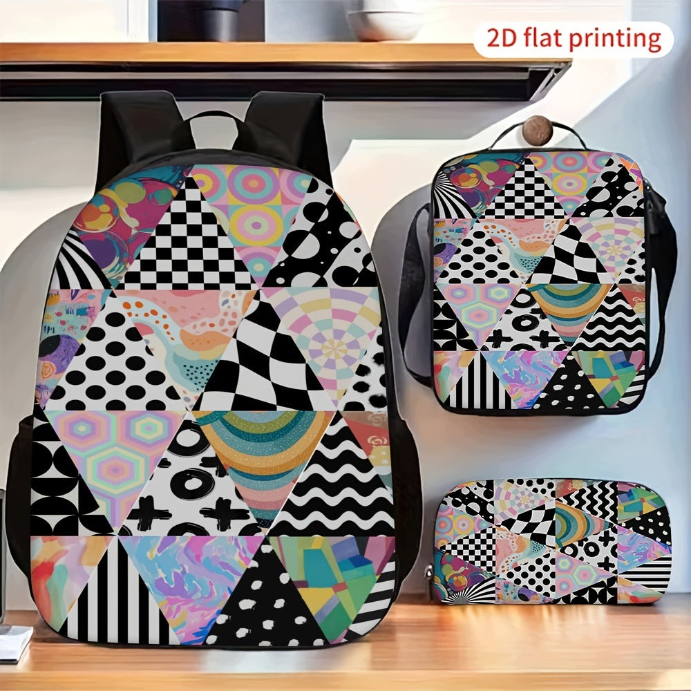 Multicolor Geometric Patchwork Backpack Set with Crossbody Bag and Pouch