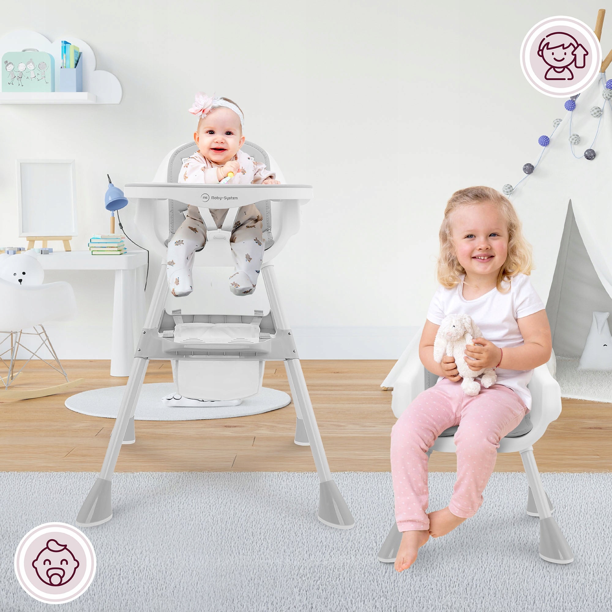 Multifunctional Highchair 2in1 Adjustable with Tray MOBY-SYSTEM Color shades of gray and silver