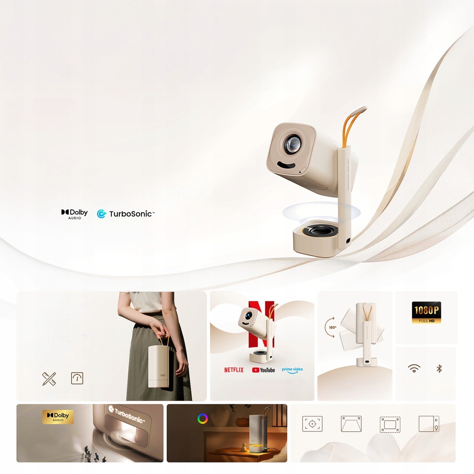 Multimedia Projector Portable Folding WiFi BT FullHD 1080p - Beige Brand Yaber