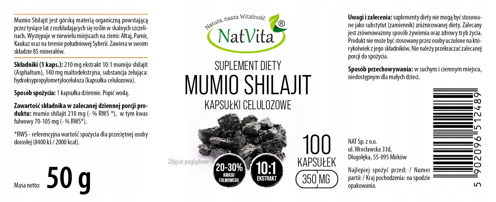 Mumio Shilajit Extract 10:1 Balm Mountain Strong Bones 100 Kaps 350mg NatVita Packaging status original