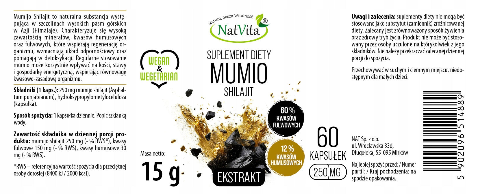 Mumio Shilajit Extract 60% Fulvic Acid 12% Humic Acid 60 kaps NatVita Packaging status original