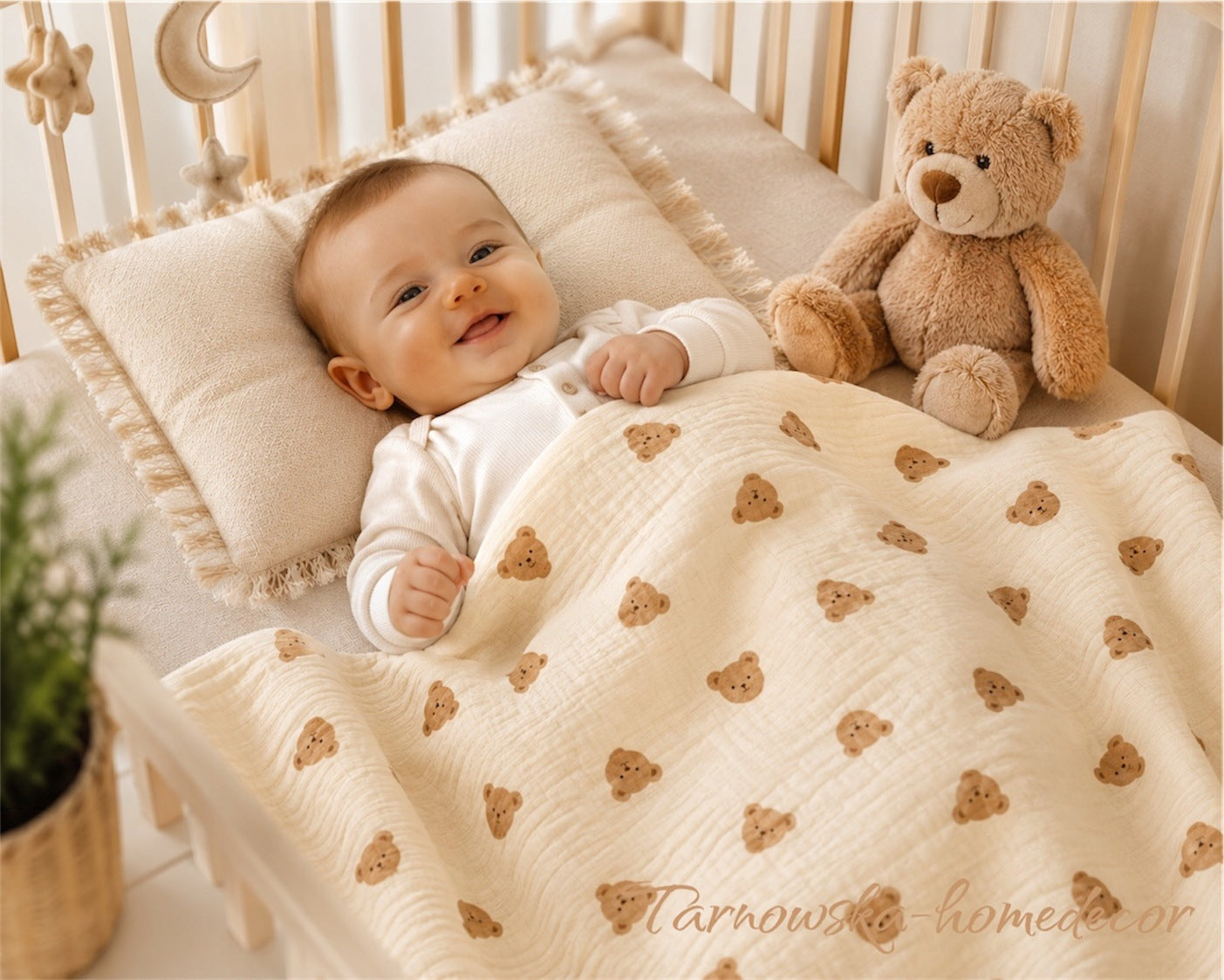 Muslin Swaddle 100x120 Blanket Diaper Crocheted thick Teddy Bears on ecru Brand no brand