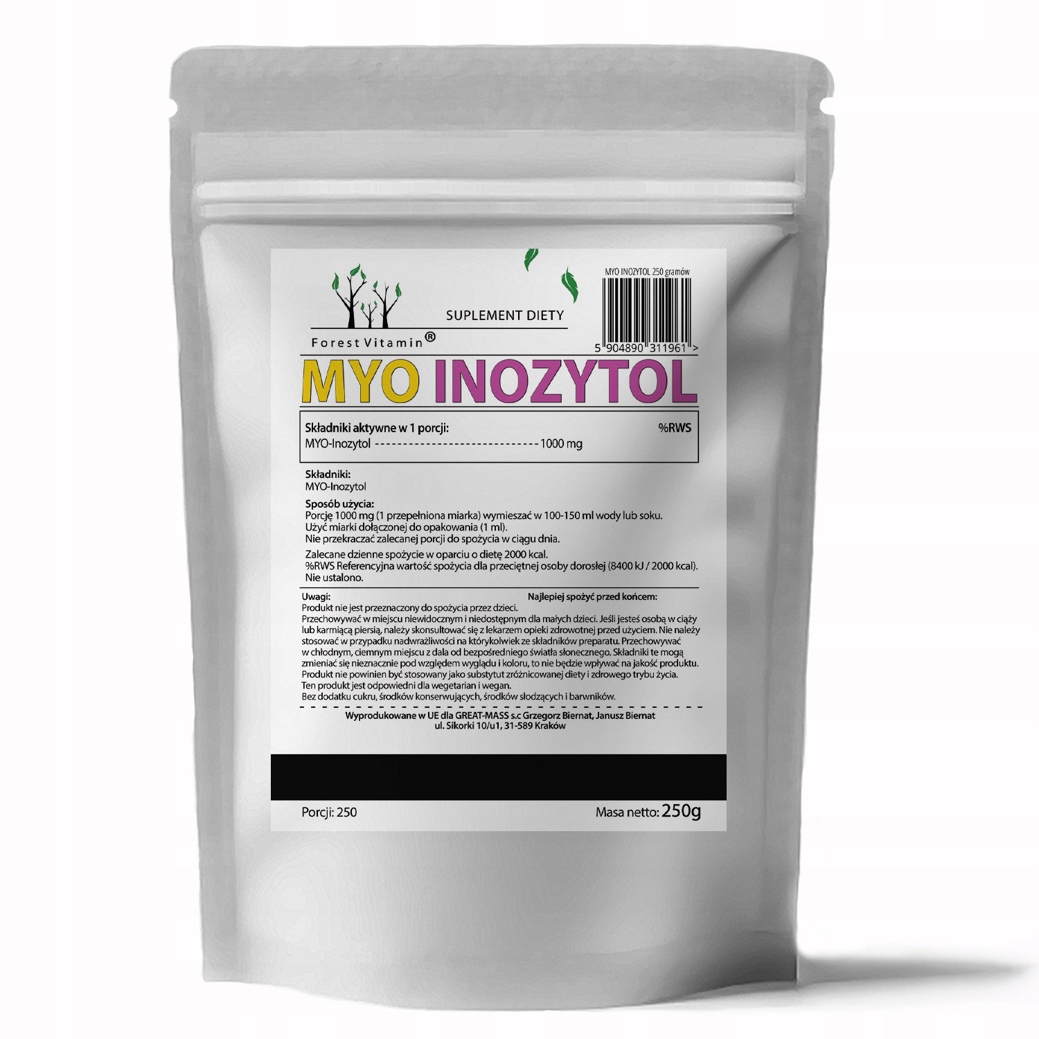 Myo Inositol 250g MIO VITAMIN B8 WITHOUT ADDITIVES INOSITOL PURE FOR STRESS Brand Forest Vitamin
