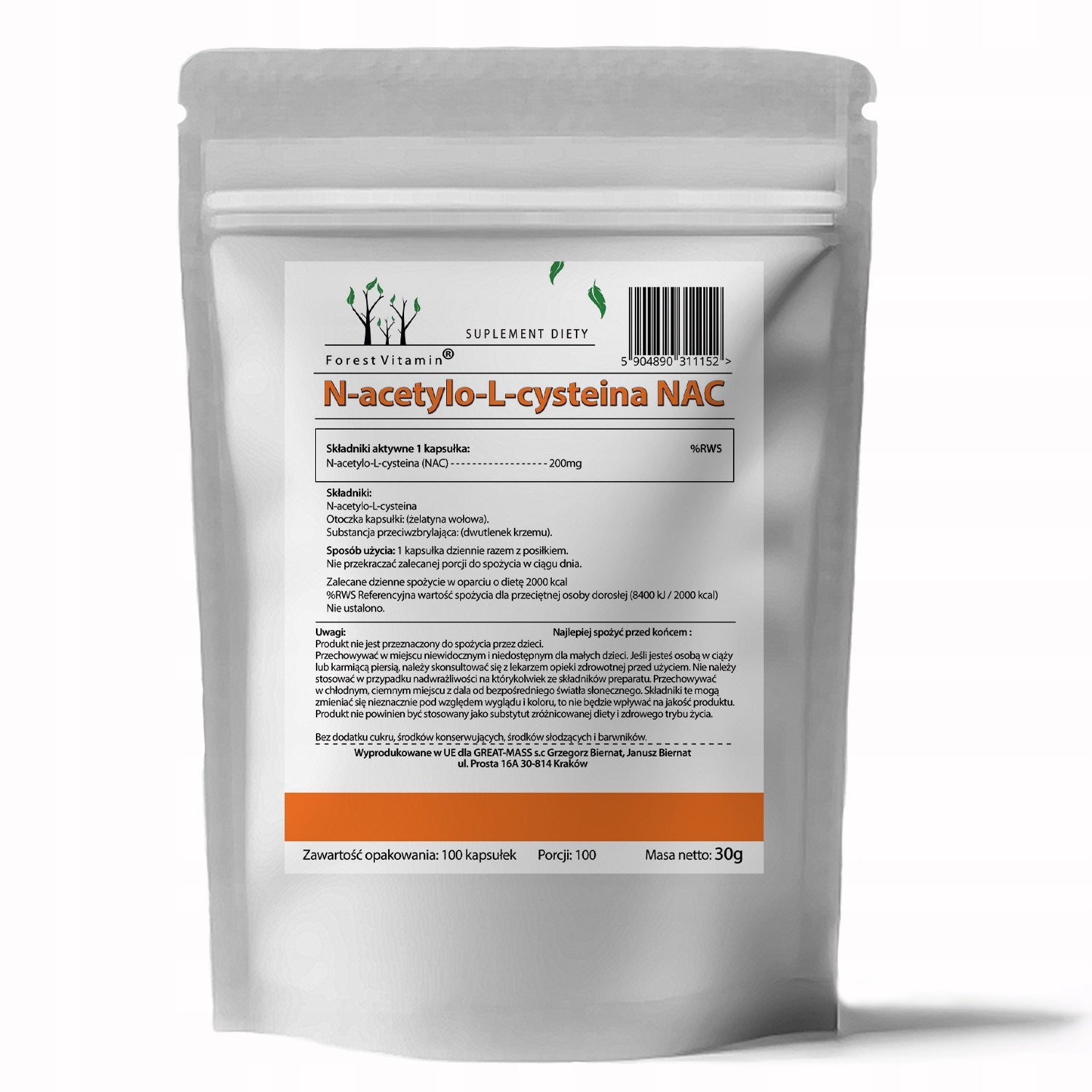 NAC N-ACETYL L-CYSTEINE 200mg 100 caps STRONG ANTIOXIDANT ACETYLCYSTEINE Brand Forest Vitamin