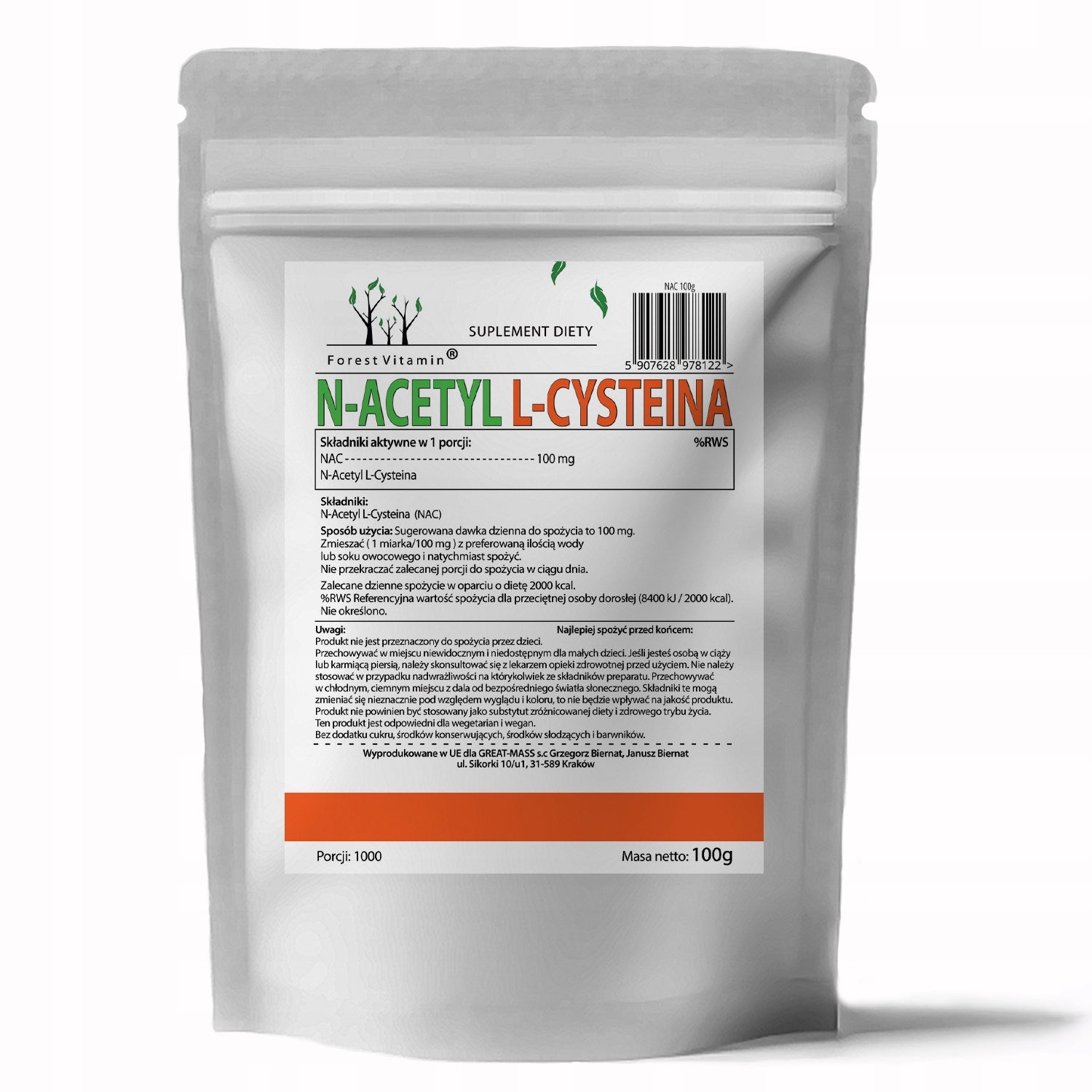 NAC POWDER 100g pure PURE N-ACETYL-L-CYSTEINE Detox CLEANS Manufacturer code Forest Vitamin N - Acetyl proszek 100 g NAC