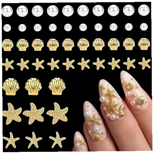 NAIL DECORATIONS GOLD SHELLS STARFISH PEARLS SET OF 100 PCS METAL