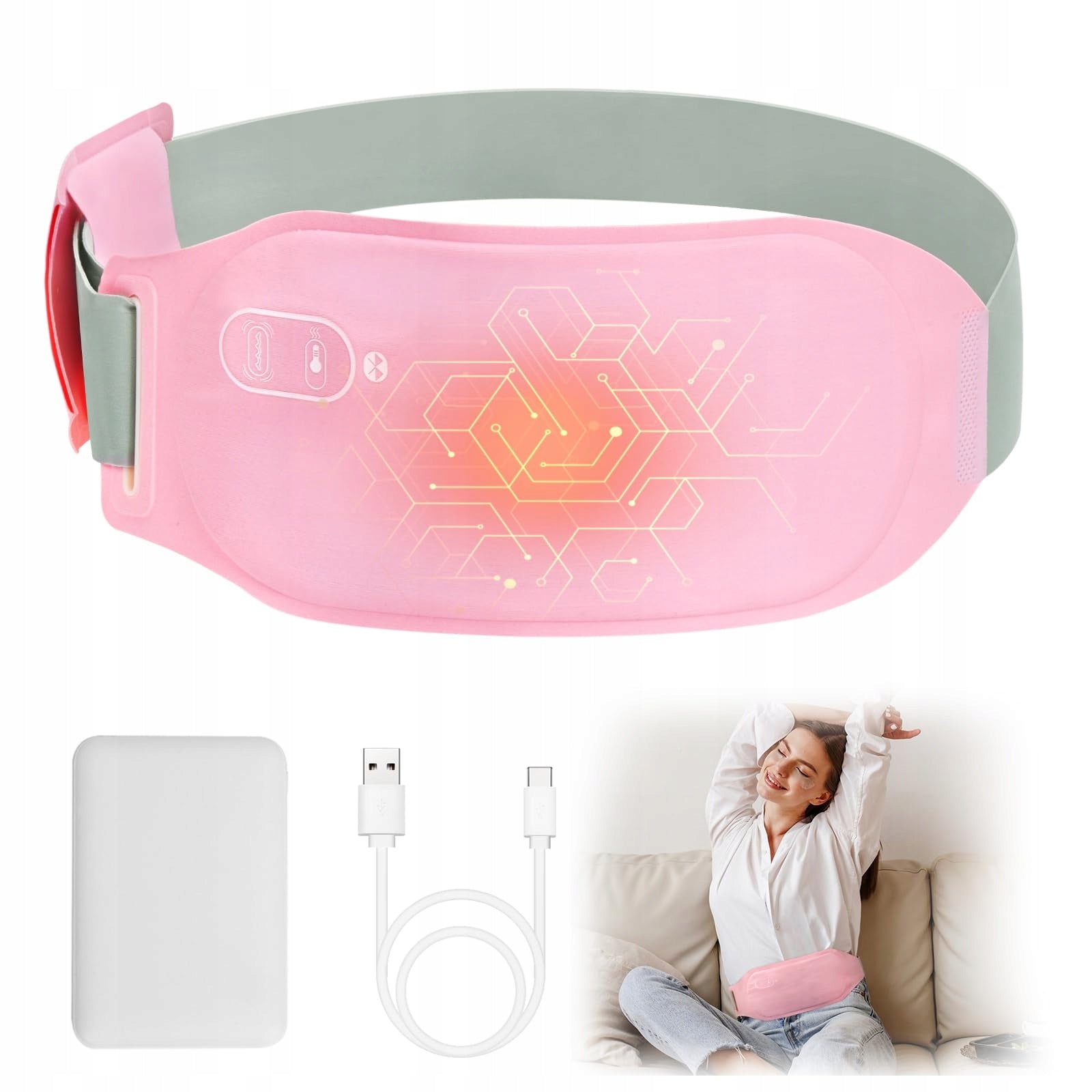 NALEZUNS Heated Abdominal Pain Belt USB 3 Heat Levels Pink