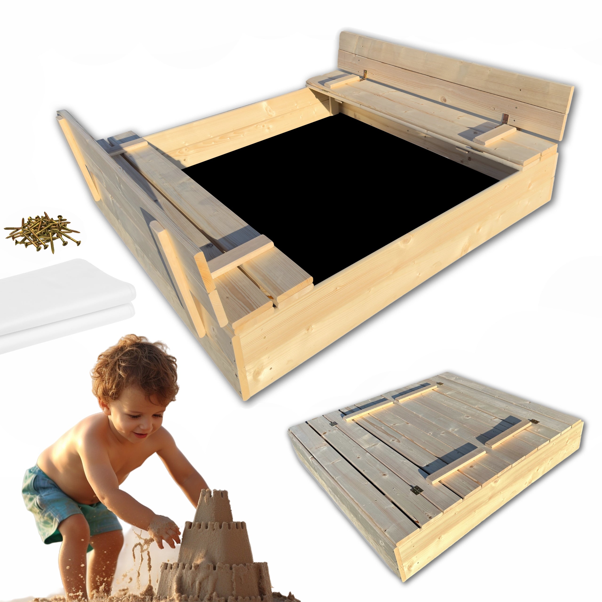 NATURAL WOODEN SANDBOX CLOSED 120x120CM POLISH MANUFACTURER